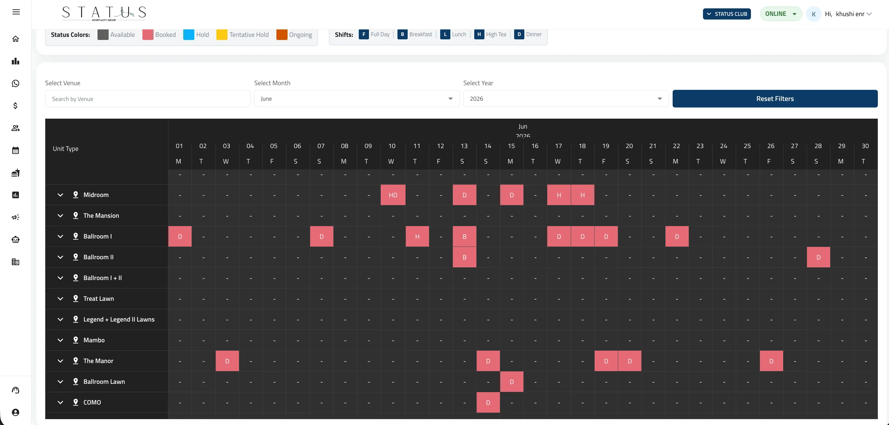 BanquetFirst Booking Calendar — venue management dashboard