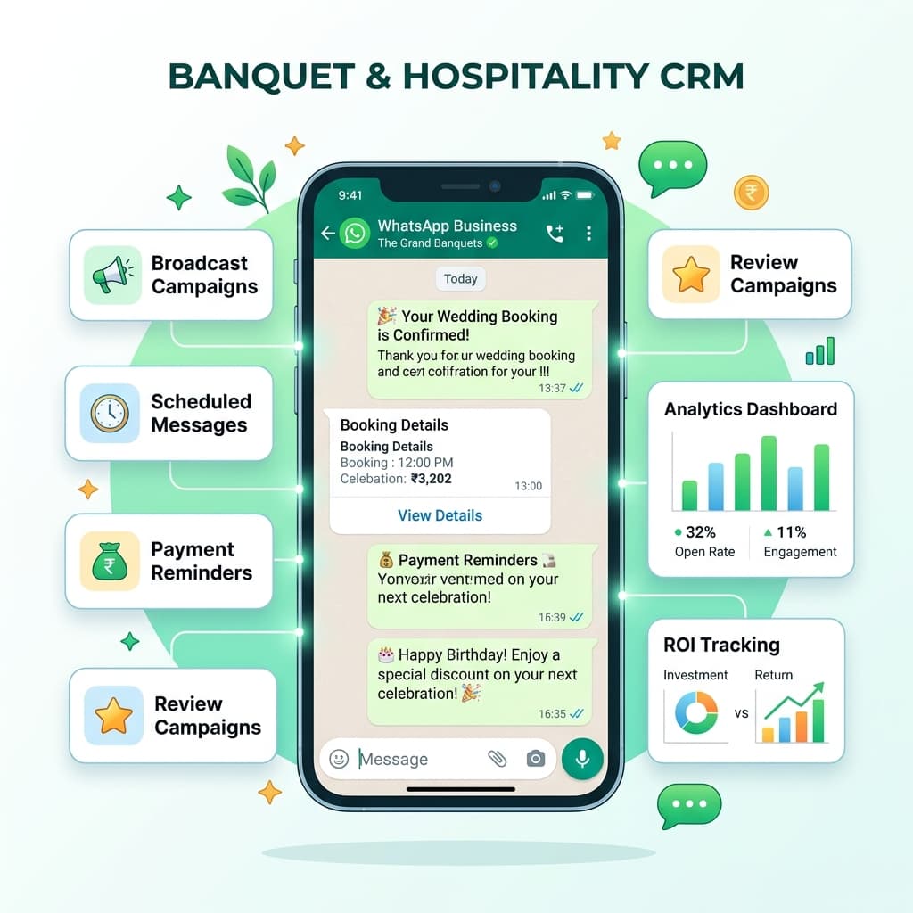 WhatsApp Business Platform — Broadcast campaigns, payment reminders, birthday offers, analytics for banquet CRM